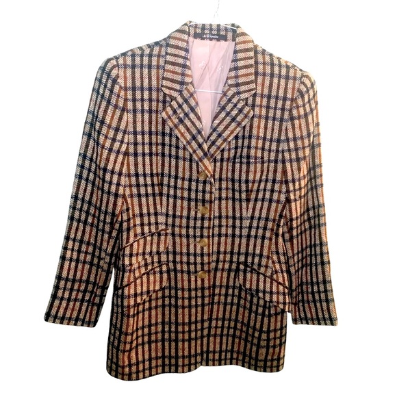 DAKS Signature Jackets & Blazers - DAKS Signature Plaid Wool Brown Beige Black Navy Blazer Coat Vintage Medium